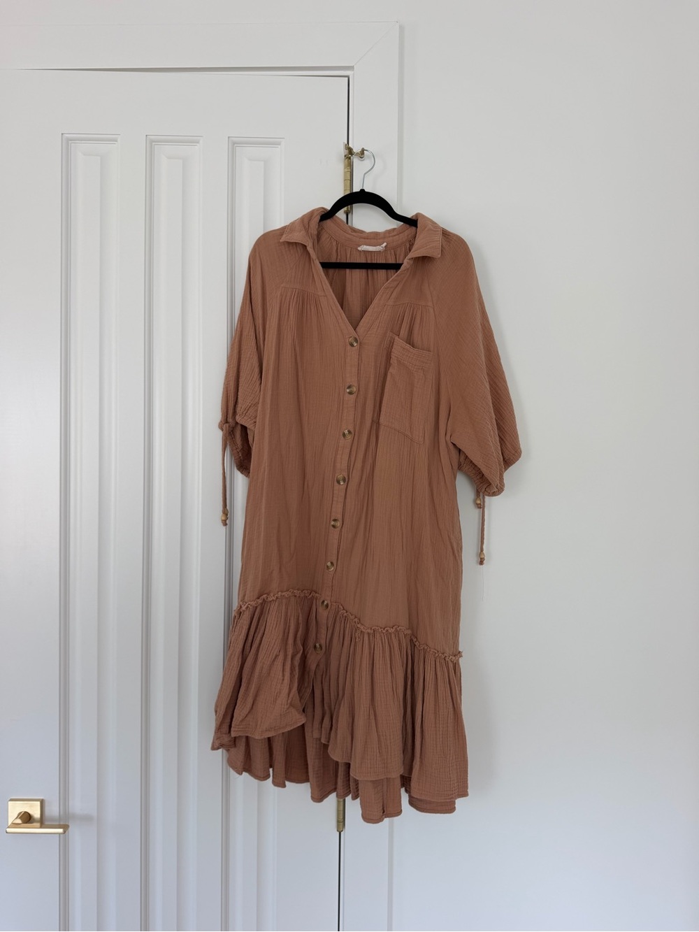 Red Dress Button-Front Tiered High-Low Dress in Warm Terracotta